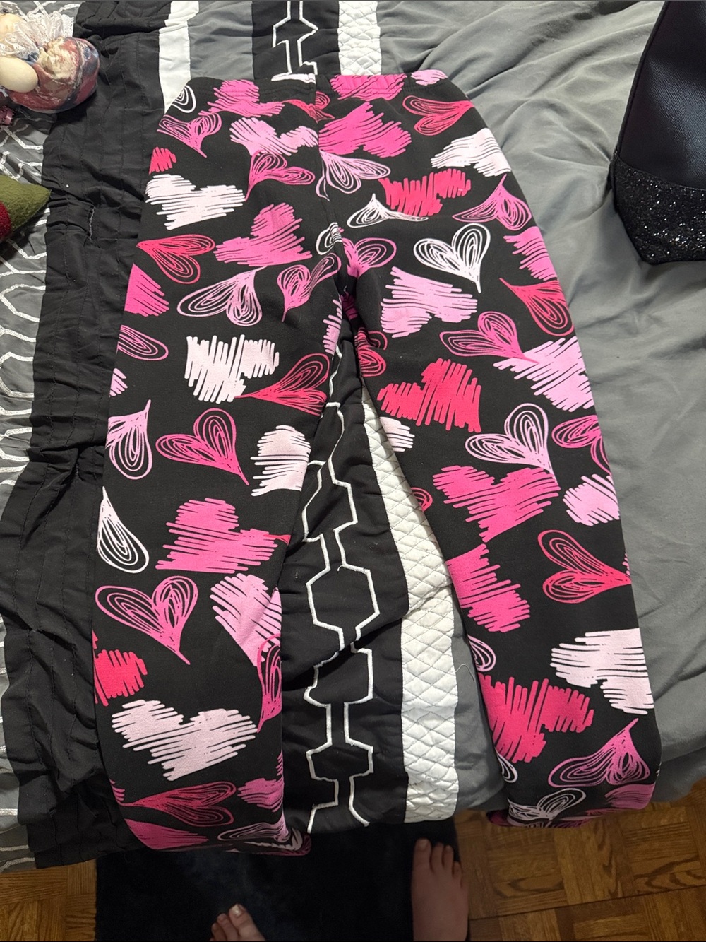 Girls Black Leggings with Pink Heart Print